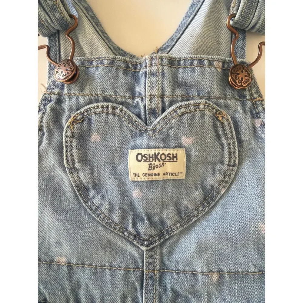 Vtg OshKosh Bgosh Heart Print Denim Overalls Girls 2T 90s Y2K Heart Bib Pocket